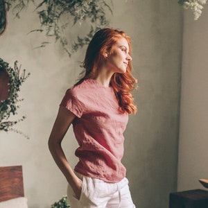 Short Sleeve Linen Blouse for Women, Classic Summer Linen Blouse, Linen T-shirt in Vintage Pink, Plus Size Linen Clothing, Casual Summer Top