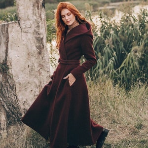 Wool Coat for Women, Burgundy Winter Coat, Winter Coat with Hood, Princess Coat, Long Trench Coat, Plus Size Clothing, Wool Swing Coat image 5