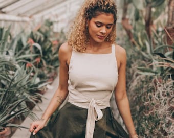 Double Wrap Linen Top: Cream Summer Tank, Tie Waist, Handmade Linen Clothing