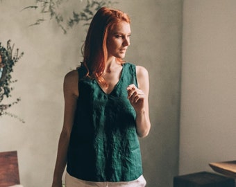 Emerald Green Linen Tank Top, Summer Linen Top, V-neck Linen Shirt, Sleeveless Linen Blouse, Wide Straps Linen Top for Women,Plus Size Linen