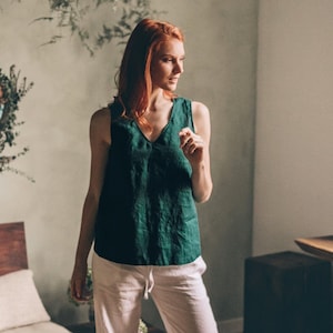 Smaragd Grün Leinen Tank Top, Sommer Bluse mit V-Ausschnitt