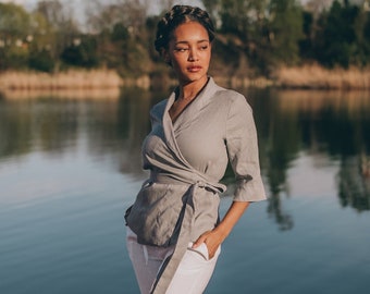 Linen Wrap Top with Shawl Collar, Bohemian Spring Blouse