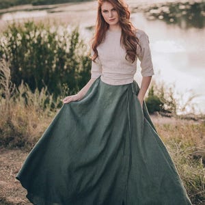 Maxi Linen Skirt with Tie Belt, Heavy Weight Linen Skirt, A-Line High-Waisted Boho Skirt, Flowy Linen Skirt, Plus Size Long Linen Skirt
