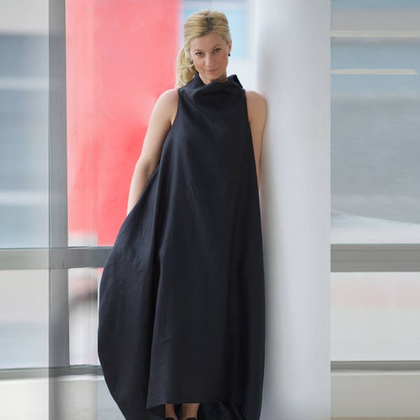 Black Linen Maxi Dress, Cowl Neck, Ruched Back, Bobble Design