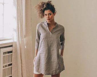 Tunique en lin gris, tunique en lin pour femmes, chemise tunique en lin, haut tunique d’été, haut en lin Boho, vêtements en lin taille plus, vêtements taille plus