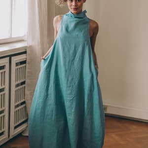 Blue Green Linen Dress, Linen Maxi Dress, Summer Maxi Dress, Bubble Linen Dress, Sleeveless Linen Dress Turtleneck, Plus Size Linen Clothing image 2