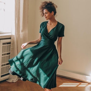 Deep Green Linen Dress with Belt and Pockets, Classic Linen Dress Women, Elegant Linen Dress, Summer Midi Dress, Simple Wrap Linen Dress