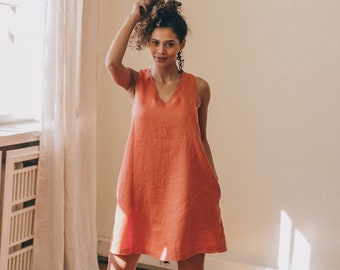 Linen Mini Dress, Rusty Orange Linen Dress, Shift Linen Dress, Short Linen Dress for Women, Summer Linen Tunic Dress, Sleeveless Linen Dress