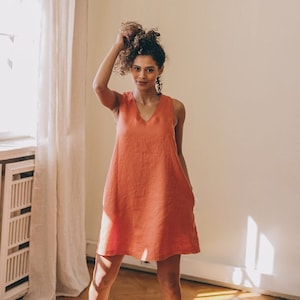 Linen Mini Dress, Rusty Orange Linen Dress, Shift Linen Dress, Short Linen Dress for Women, Summer Linen Tunic Dress, Sleeveless Linen Dress