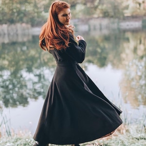 Long Hooded Wool Coat with Belt and Pockets, Black Wool Coat for Women, Cozy Wool Coat, Warm Winter Maxi Coat, Shawl Collar Wool Coat Women