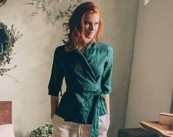 Linen Wrap Top, Emerald Green Linen Top, Linen Wrap Shirt, Casual Linen Tunic, Linen Wrap Blouse, Linen Kimono Top, Linen Clothing for Women