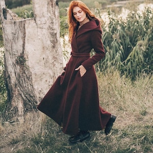 Winter Wool Coat, Hooded Winter Coat, Wool Classic Coat, Winter Cape Coat, Burgundy Coat, Elegant Coat for Women, Wool Parka, Princess Coat