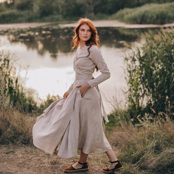 READY TO SHIP Heavy Linen Dress for Women, Long Sleeve Linen Dress, Linen Midi Dress, Bohemian Dress, Casual Dress