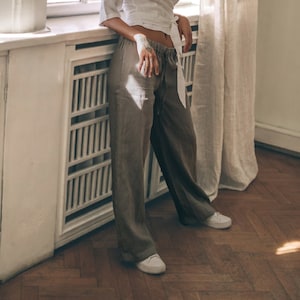 Gray Linen Pants, Linen Pants with Drawstring and Pockets, Linen Pants for Women, Linen Summer Pants, Plus Size Clothing, Casual Linen Pants