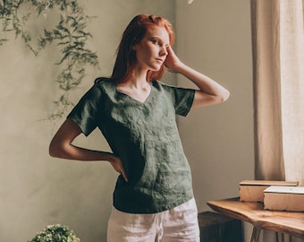 Summer Linen Blouse With Short Sleeves and V-neck, Military Green Linen Top, Classic Linen T-shirt for Women, Linen Minimalist Top Plus Size