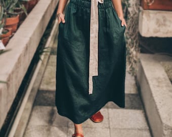Dark Green Linen Midi Skirt: Elastic Waist, Pockets