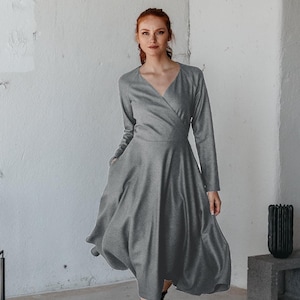 Classic Wool Dress, Fall Midi Dress with Pockets, Wool Clothing, Cozy Wool Winter Dress for Women, Winter Flare Dress, Warm Formal Dress
