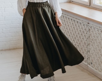 Military Green Linen Skirt For Women, Long Hight Waist Skirt, Heavy Weight Linen Skirt, Fall Clothing, Plus Size Linen Clothing, Flowy Skirt