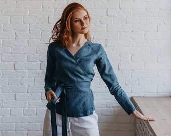 Linen Wrap Top, Linen Kimono Top, Petrol Blue Linen Shirt, Fall Linen Blouse, Long Sleeve Linen Top, Soft Linen Wrap Shirt, Plus Size Linen