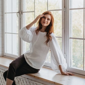 Heavy Linen Blouse, Renaissance Linen Shirt, Long Sleeved Linen Top, Plus Size Linen, Women Puffy Sleeve Blouse, White Balloon Sleeve Shirt