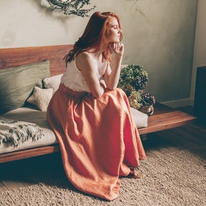 Rusty Orange Linen Skirt, Summer Linen Skirt  Elastic Waist, Flowy Summer Skirt with Pockets, Linen Clothing for Women, Wedding Guest Skirt