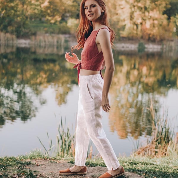 Pantalones de lino con cintura elástica: pantalones ajustados para mujer con bolsillos