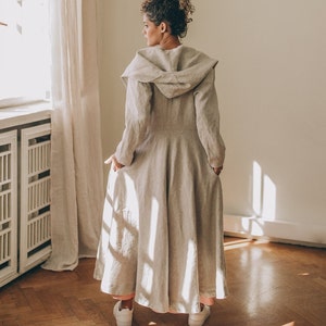 Summer Linen Coat, Heavyweight Hooded Cardigan with Pockets, Linen Maxi Cardigan Coat, Linen Jacket, Cardigan for Women, Plus Size Clothing image 2