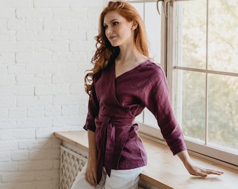 Haut cache-cœur en lin pour femme, chemisier en lin épais, chemise en lin prune, tunique élégante en lin, haut tunique convertible, chemise en lin décontractée, automne en lin