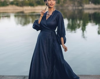 Vestido largo cruzado de lino con mangas abullonadas y bolsillos, vestido de verano para mujer, ropa de primavera