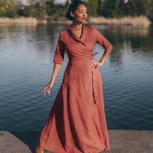 Wrap Linen Maxi Dress with Pockets, Shawl Collar Linen Dress for Women, Summer Dress, Plus Size Dress, Formal Dress, Wedding Guest Dress
