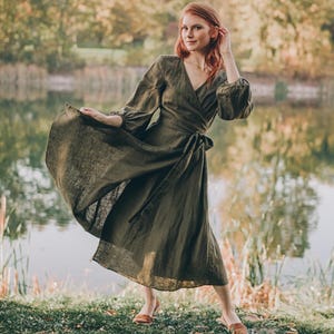 Chic Linen Midi Dress with Bell Sleeves and Pockets, Military Green Linen Wrap Dress, Linen Bridesmaid Dress, Summer Linen Dress for Women