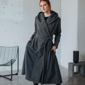 Hooded Maxi Wool Coat, Warm Wool Coat for Women, Classic Winter Coat, Gray Long Coat, Bohemian Coat, Wool Clothing, Fit and Flare Cat Women