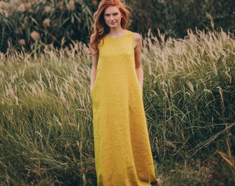 Vestido de lino amarillo mostaza, vestido de verano, vestido de lino para mujer, vestido romántico de lino, vestido maxi de lino, vestido minimalista, vestido de lino simple