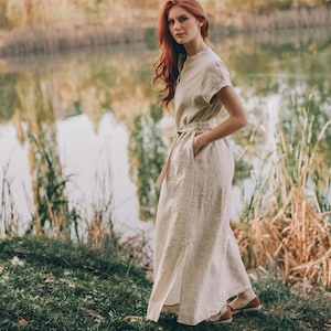 Relaxed Fit Linen Dress, Long Linen Shirt Dress, Linen Maxi Dress with Tie Belt, Summer Linen Maxi Dress, Plus Size Linen Clothing for Women