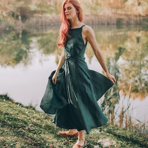 Unique Double Wrap Linen Dress, Linen Summer Dress, Handmade Linen Clothing, Linen Dress for Women, Minimalist Dress, Green Designer Dress