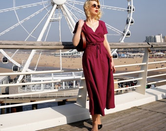 Burgundy Red Linen Dress, Linen Short Sleeve Dress, Linen Midi Dress, Boho Dress, V Neck Linen Dress, Women Linen Dress,Evergreen Wrap Dress