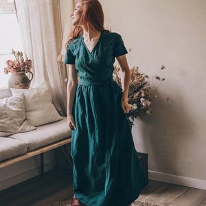 Long Linen Wrap Dress, Deep Green Linen Dress, Summer Dress for Women, Linen Maxi Dress, Resort Linen Kaftan, Natural Linen Clothes Women