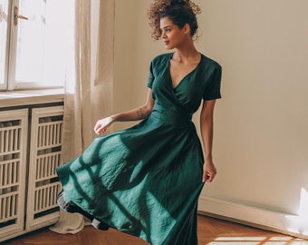 Deep Green Linen Dress with Belt and Pockets, Classic Linen Dress Women, Summer Midi Dress, Simple Wrap Linen Dress, Elegant Linen Dress