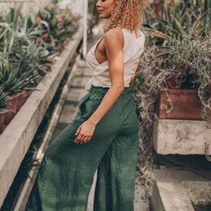Heavyweight Linen Pants with Pockets and Elastic Waist, Wide Leg Linen Pants, Women Linen Clothing, Military Green Pants, Linen Trousers