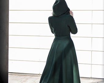 Dark Green Swing Coat, Merino Wool Coat for Women, Hooded Wool Coat, Elegant Winter Long Coat, Hoodie Cape Coat, Winter Plus Size Clothes