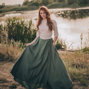 Maxi Linen Skirt with Tie Belt, Heavy Weight Linen Skirt, A-Line High-Waisted Boho Skirt, Flowy Linen Skirt, Plus Size Long Linen Skirt image 1