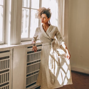 Linen Wrap Dress with Tie Waist, Women Maxi Dress, Summer Linen Dress, Boho Linen Clothing, Bohemian Dress, Linen Kimono, Elegant Midi Dress