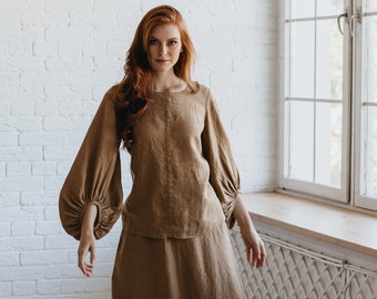 Camel Brown Heavy Linen Shirt, Fall Linen Tunic Top, Linen Clothing, Victorian Clothing, Flared Sleeve Linen Blouse, Autumn Linen Tunic