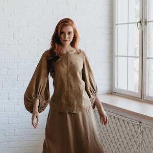 Camel Brown Heavy Linen Shirt, Fall Linen Tunic Top, Linen Clothing, Victorian Clothing, Flared Sleeve Linen Blouse, Autumn Linen Tunic