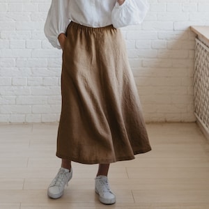 Classic Linen Skirt for Women,  Heavyweight Linen Skirt With Pockets, Elastic Waist Midi Skirt, Beige Skirt, Fall Linen Skirt,Bohemian Skirt