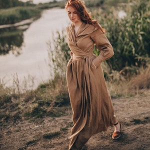 Hooded Linen Dress, Fall Linen Dress, Heavy Linen Maxi Dress, Long Sleeve Linen Dress, Plus Size Dress, Linen Dress for Women, Wrap Dress