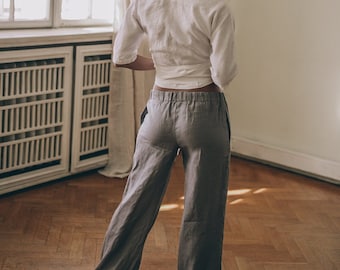 Pantalons d'été en lin, Pantalons avec poches, Taille élastique, Vêtements en lin