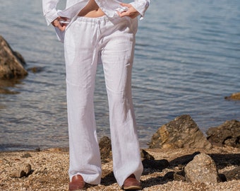 White Linen Pants, Wide Leg Pants, Women Linen Pants, Summer Linen Pants, Linen Clothing, Beach Pants, Plus Size Clothing, Linen Trousers