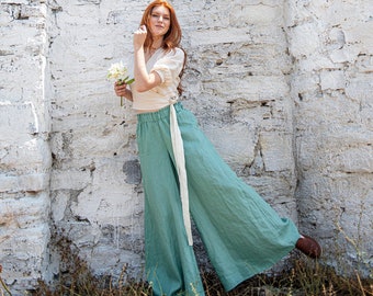 Women Linen Pants, Palazzo Pants, Wide Leg Linen Pants, Elastic Waist Linen Pants, Dusty Turquoise Linen Trousers, Plus Size Linen Clothing