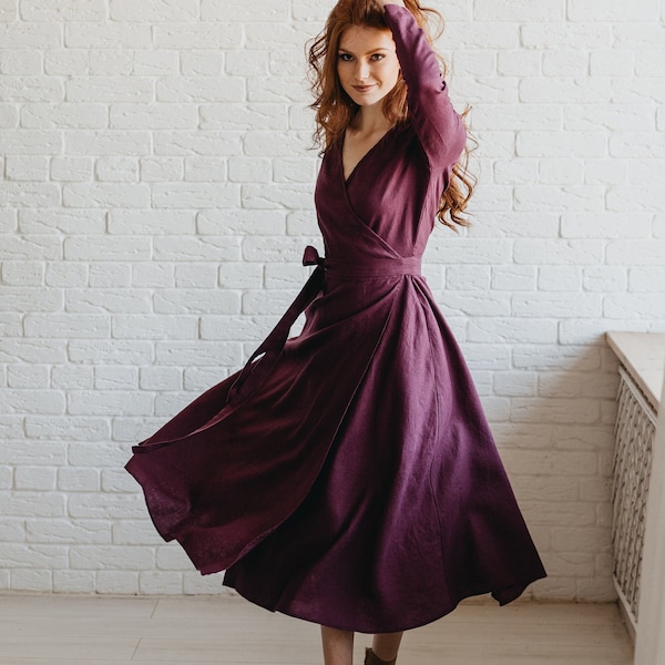 Heavyweight Linen Wrap Dress for Women, Midi Dress, Spring Clothing